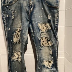 Men’s Spark Denim Jeans with 100 Dollar Bill Patches Size 38 X 32